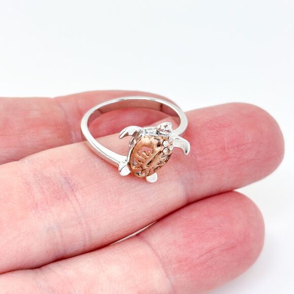 Vintage Sterling Silver 925 Cubic Zirconia Two-Tone Sea Turtle Ring Size 8 - Picture 1 of 9